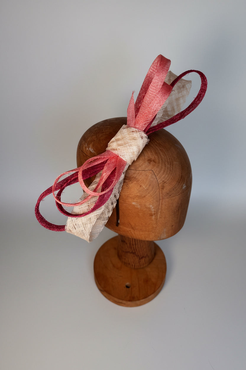 Serre-tête chic avec nœud en fibres naturelles rose et beige