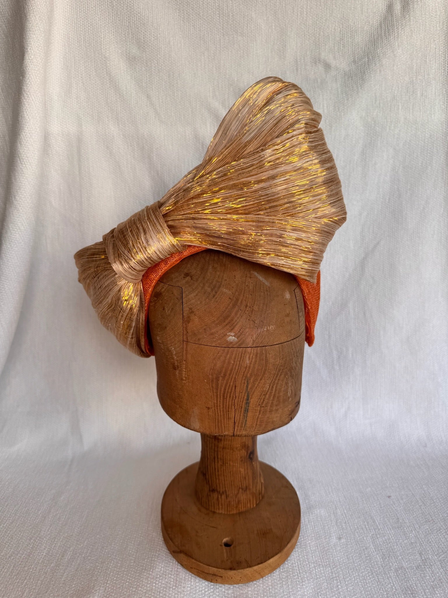 Serre-tête mariage - Gros noeud en Abaca lurex doré - Orange