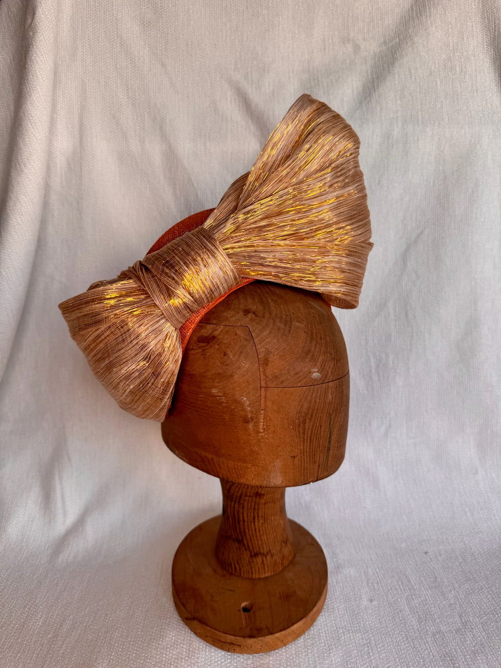 Serre-tête mariage - Gros noeud en Abaca lurex doré - Orange