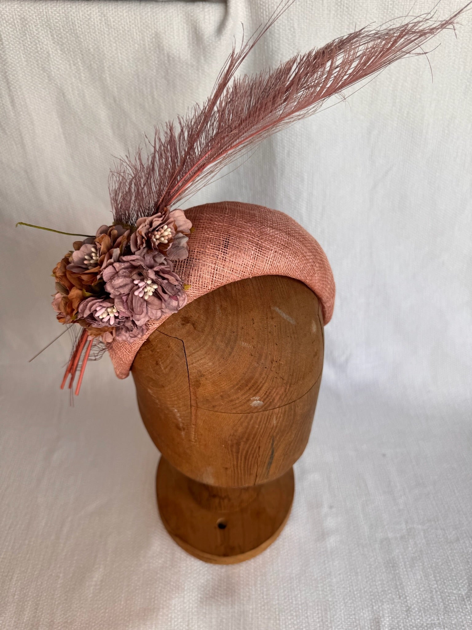 Serre-tête mariage - Fleurs et plumes - Vieux rose