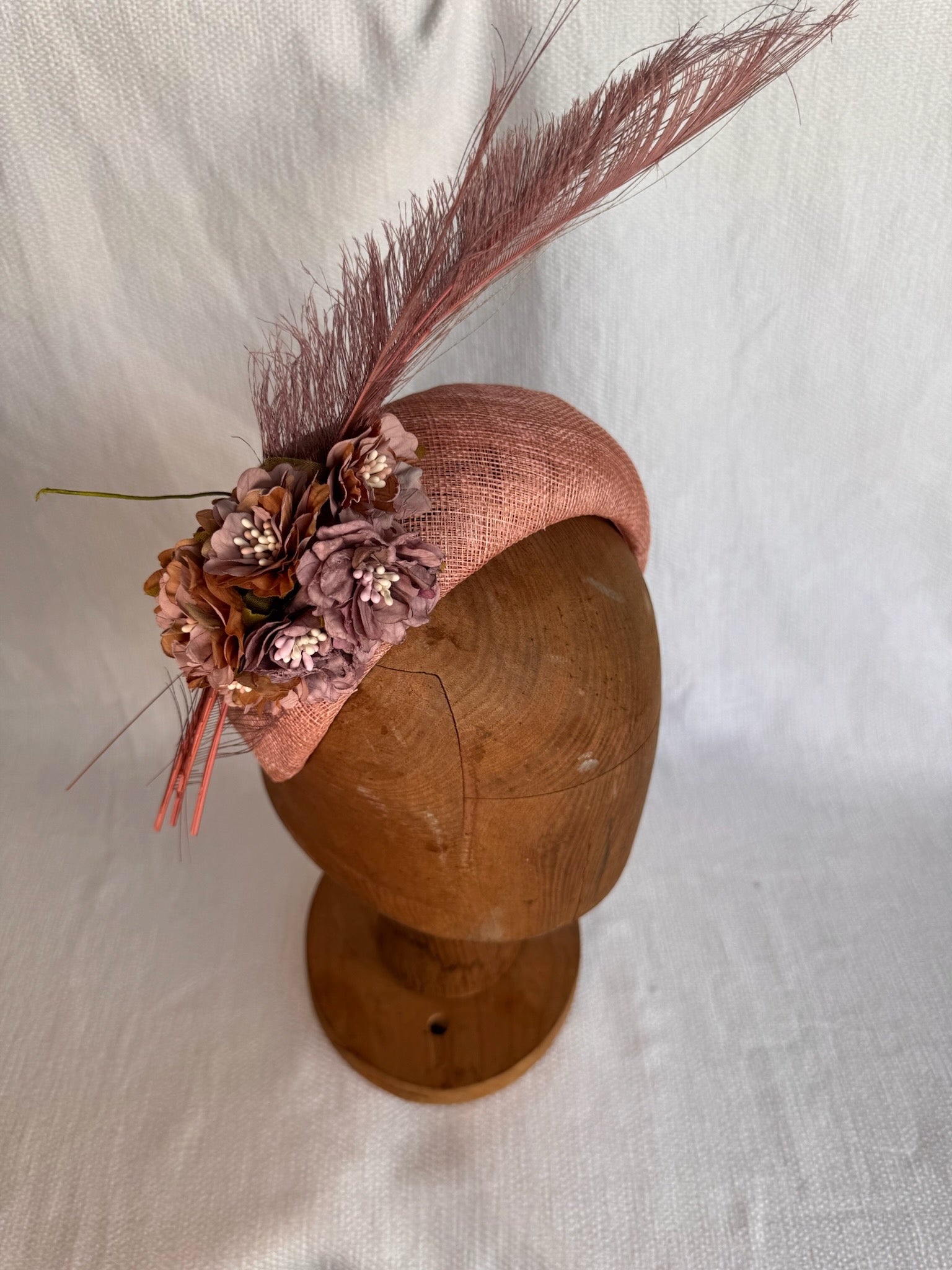 Serre-tête mariage - Fleurs et plumes - Vieux rose